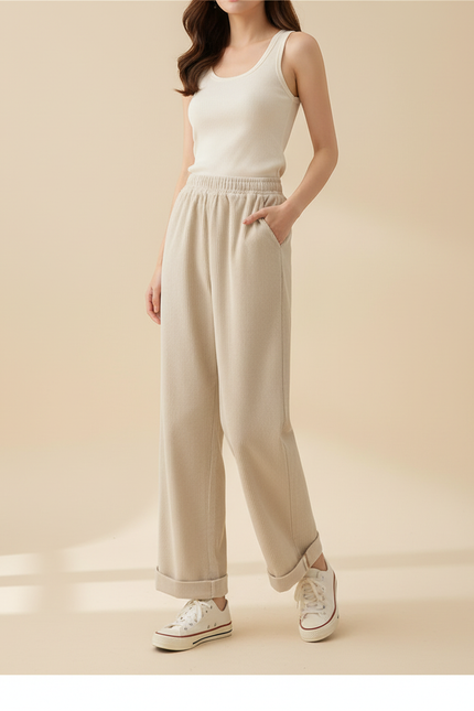 Pantalon Beige Côtelé Large Élastique Décontracté Hiver - Cordé