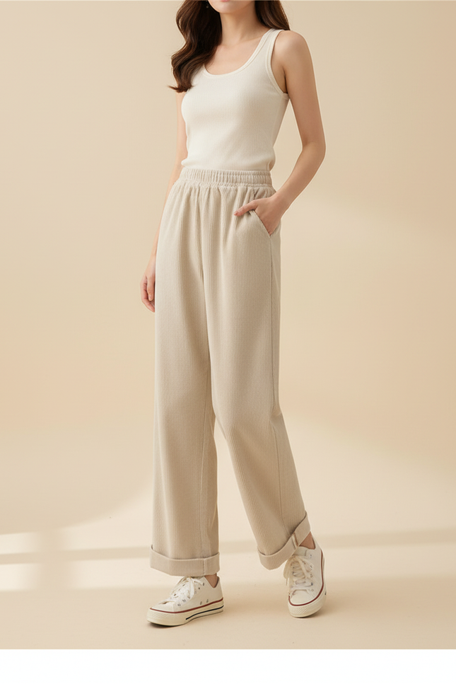 Pantalon Beige Côtelé Large Élastique Décontracté Hiver - Cordé