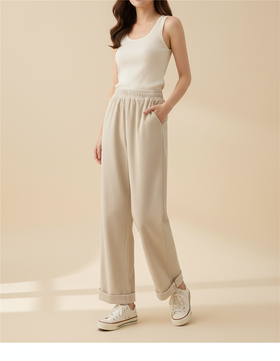 Pantalon Beige Côtelé Large Élastique Décontracté Hiver - Cordé