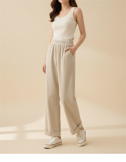 Pantalon Beige Côtelé Large Élastique Décontracté Hiver - Cordé