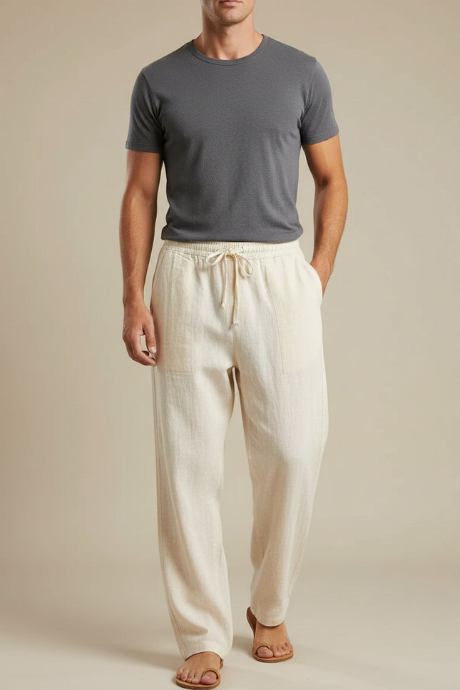 Pantalon Beige Lin Ample Cordon Homme Décontracté