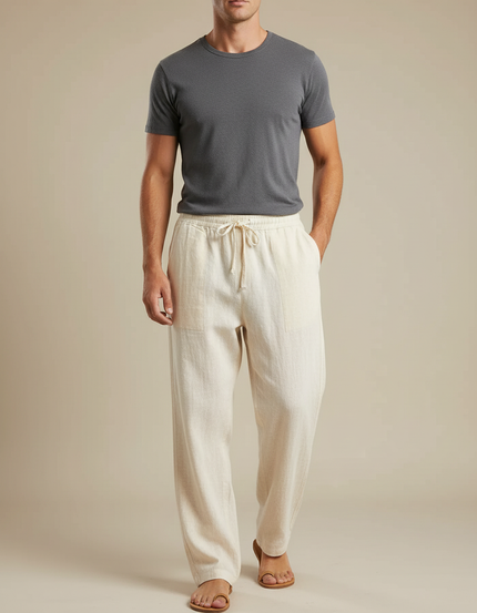 Pantalon Beige Lin Ample Cordon Homme Décontracté