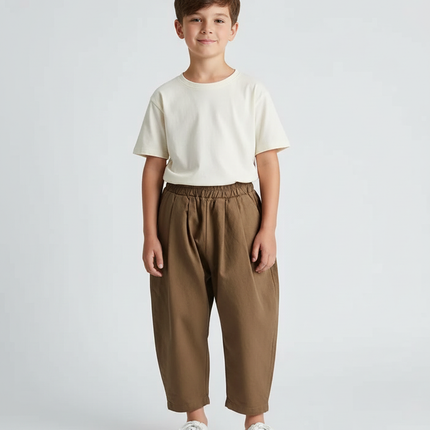 Pantalon Beige Coton Ample Unisexe Élastiqué Plissé - Marron