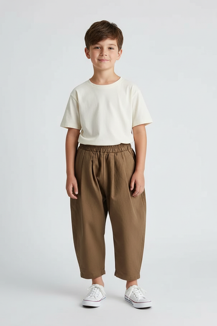 Pantalon Beige Coton Ample Unisexe Élastiqué Plissé - Marron