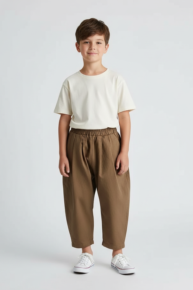 Pantalon Beige Coton Ample Unisexe Élastiqué Plissé - Marron