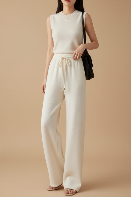 Pantalon Beige Ample Cordon Fluide Hiver - Molleton