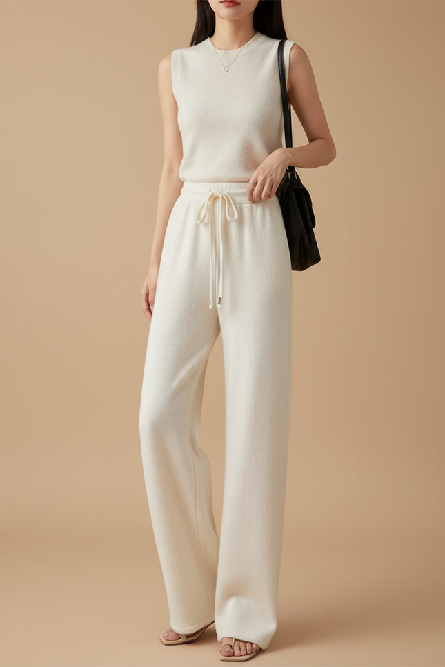 Pantalon Beige Ample Cordon Fluide Hiver - Molleton