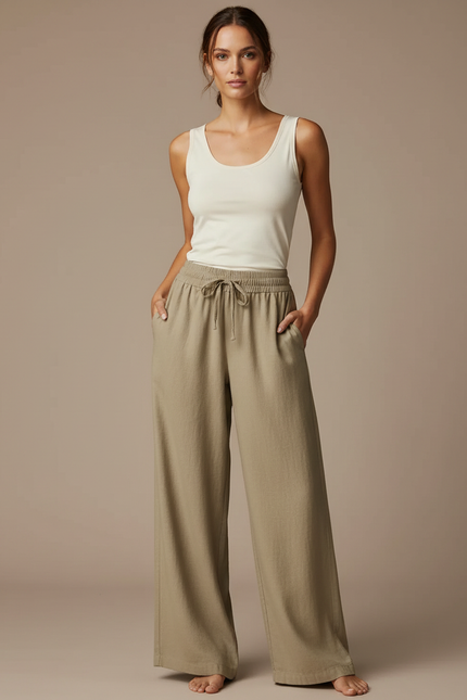 Pantalon Beige Fluide Lin Ample Décontracté Femme - Kaki