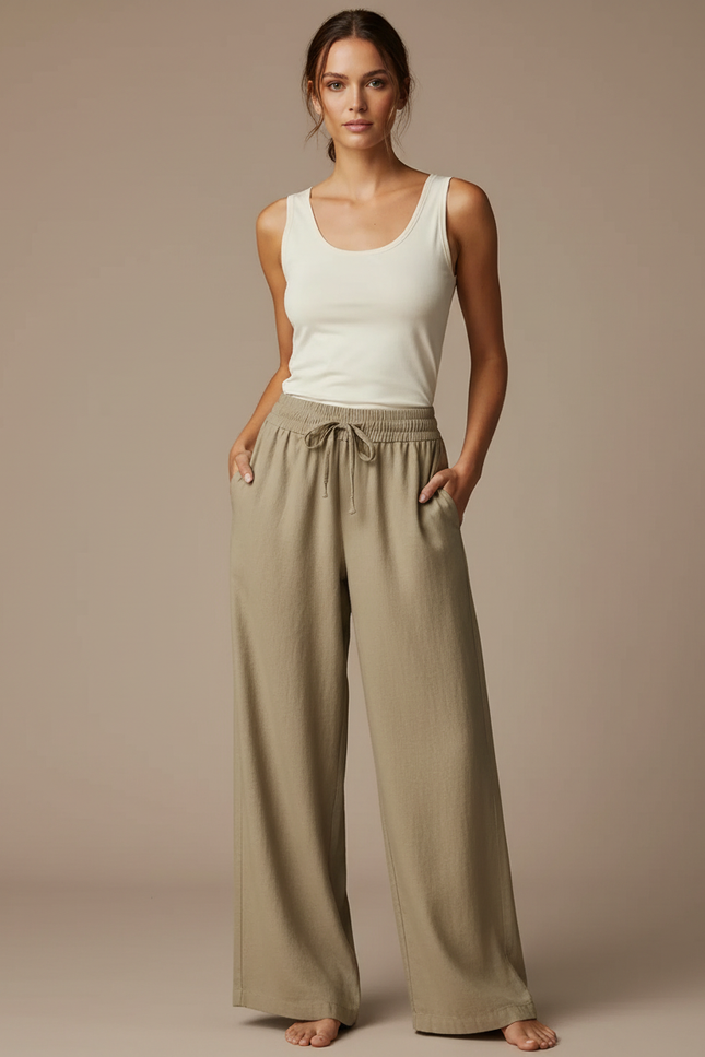 Pantalon Beige Fluide Lin Ample Décontracté Femme - Kaki