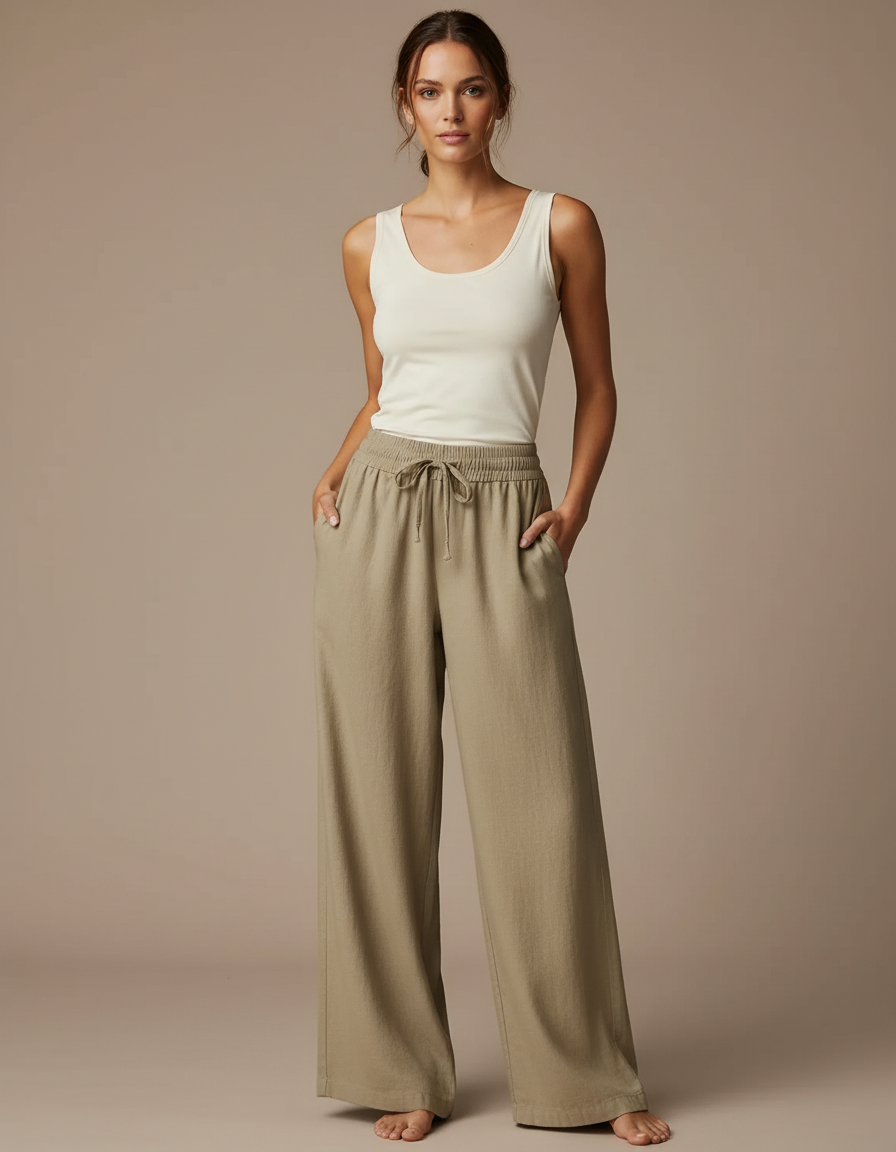 Pantalon Beige Fluide Lin Ample Décontracté Femme - Kaki