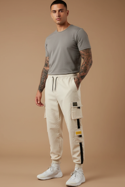 Pantalon Beige Cargo Ample Cordon Streetwear Homme - Gabardine
