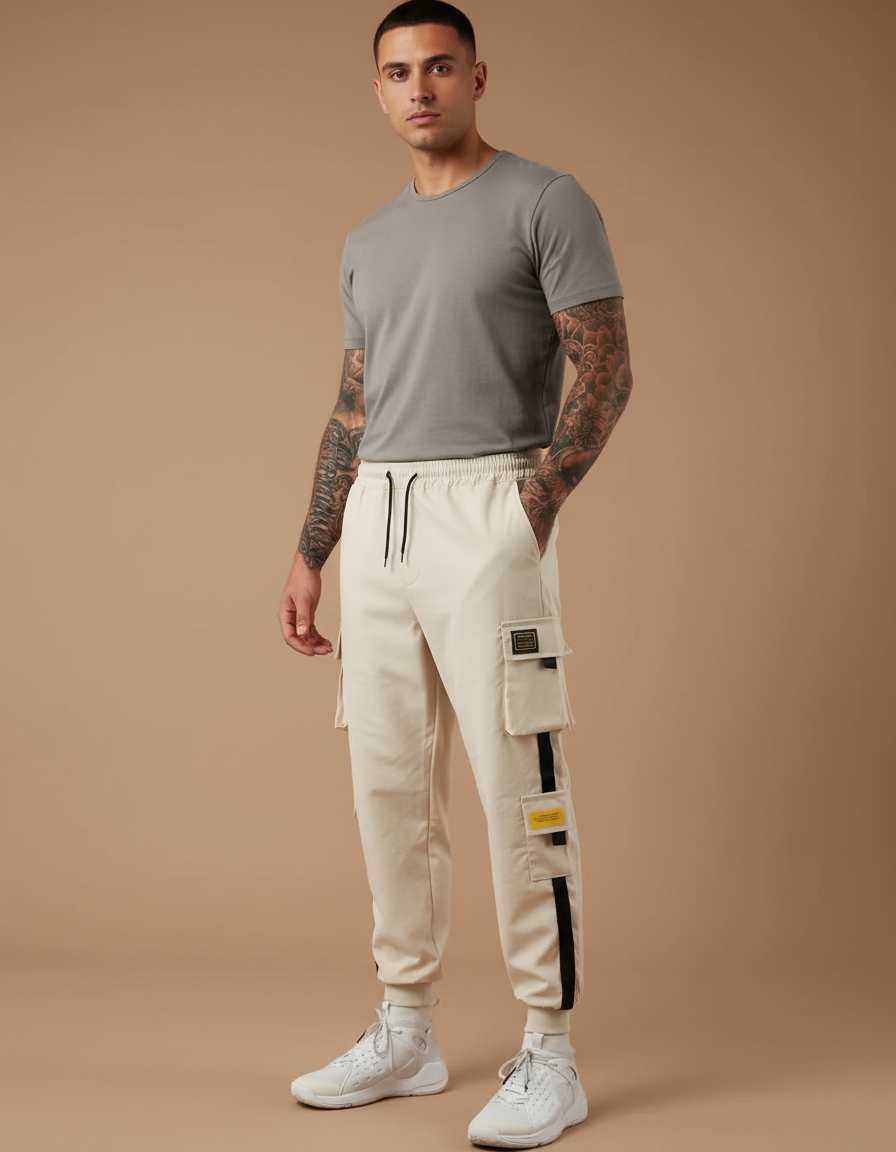 Pantalon Beige Cargo Ample Cordon Streetwear Homme - Gabardine