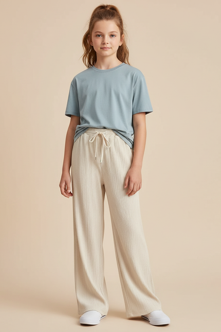 Pantalon Beige Large Côtelé Décontracté Fille - Cordé