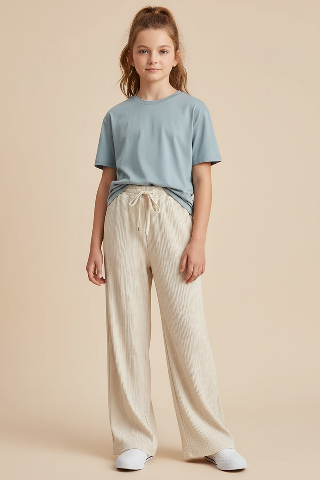 Pantalon Beige Large Côtelé Décontracté Fille - Cordé