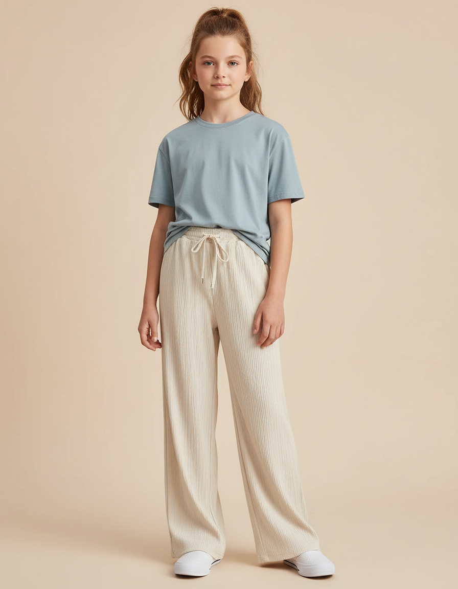 Pantalon Beige Large Côtelé Décontracté Fille - Cordé