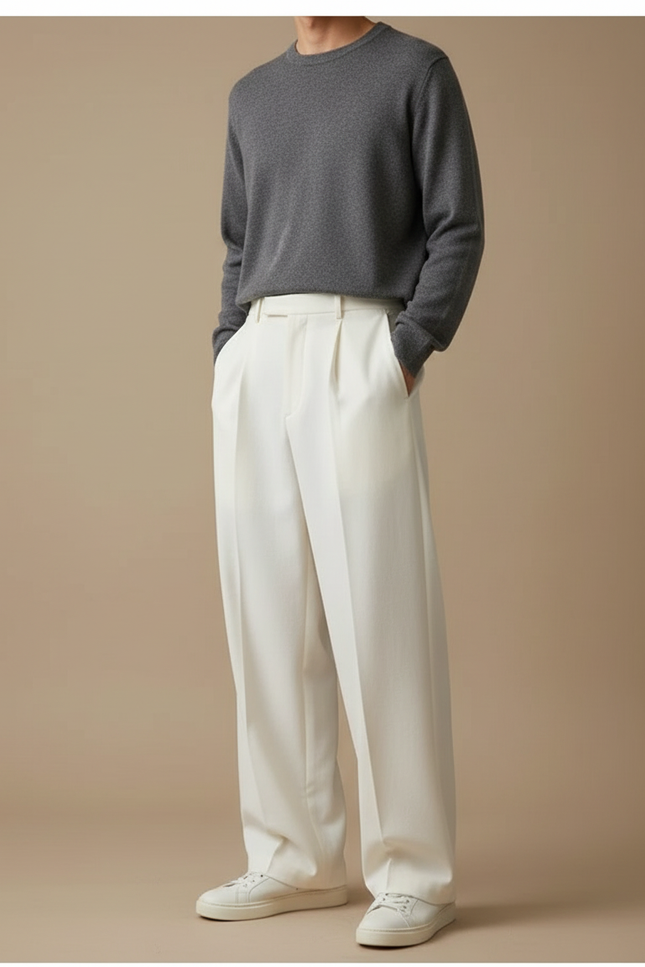 Pantalon Beige Ample Plissé Décontracté Homme Élégant - Blanc Gabardine