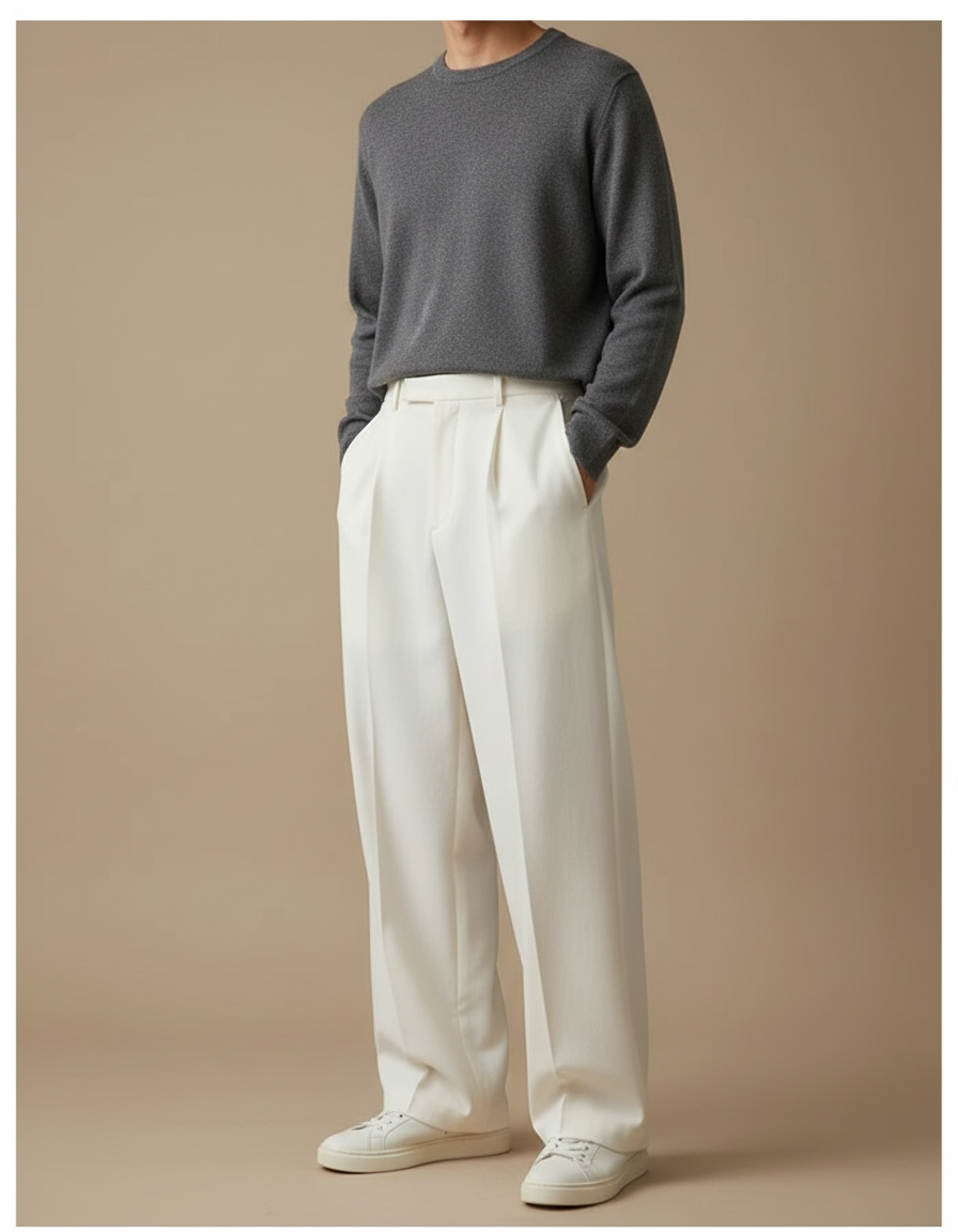 Pantalon Beige Ample Plissé Décontracté Homme Élégant - Blanc Gabardine