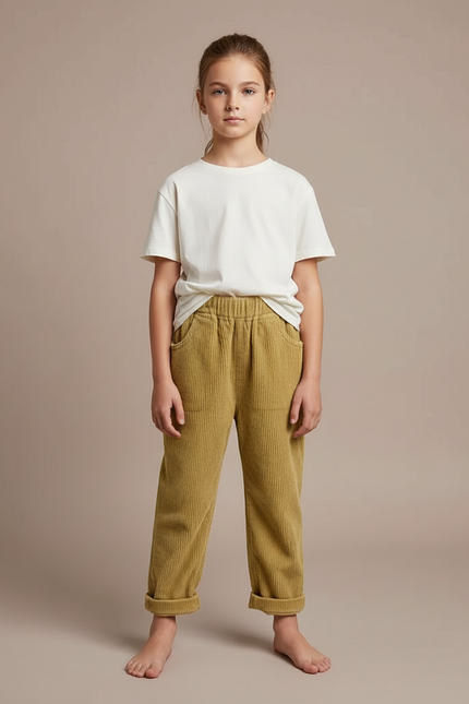 Pantalon Beige Côtelé Ample Décontracté Enfant Rétro - Kaki Cordé