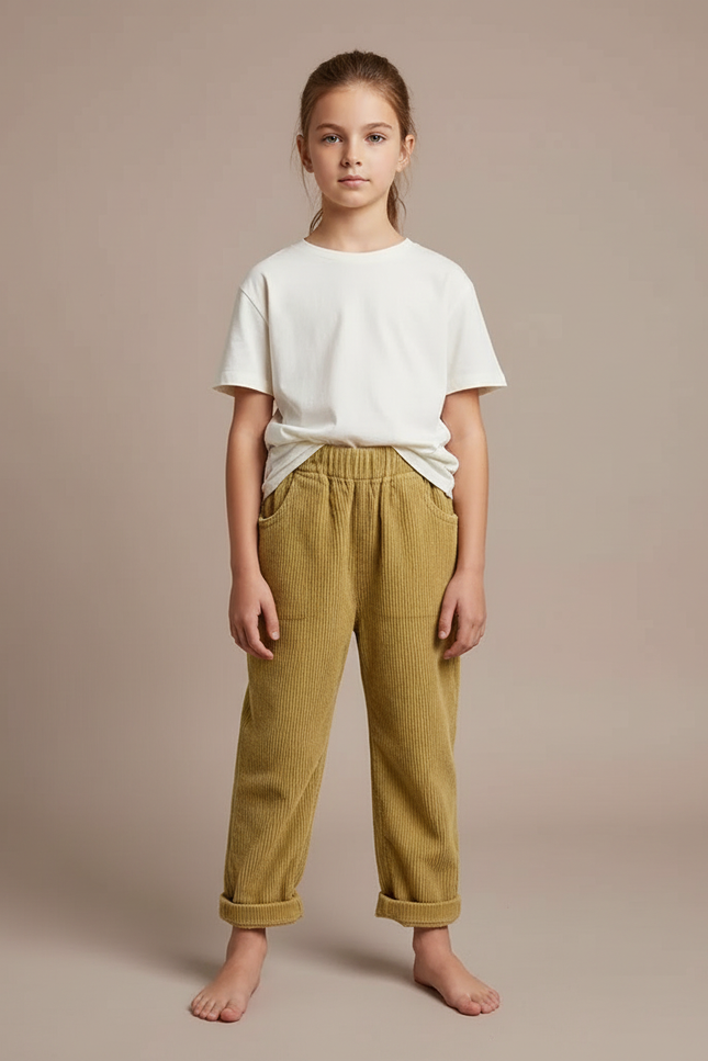 Pantalon Beige Côtelé Ample Décontracté Enfant Rétro - Kaki Cordé