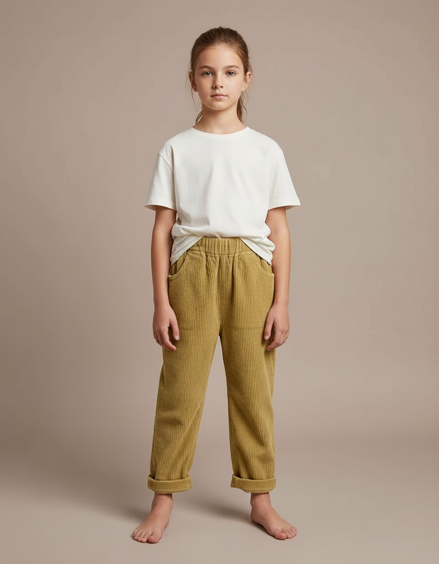 Pantalon Beige Côtelé Ample Décontracté Enfant Rétro - Kaki Cordé