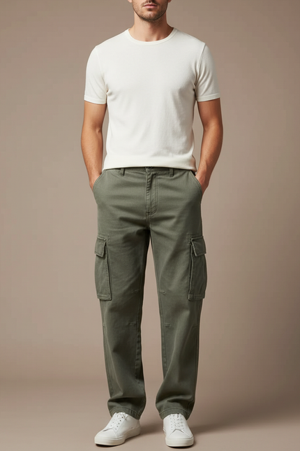 Pantalon Beige Cargo Ample Coton Homme - Kaki