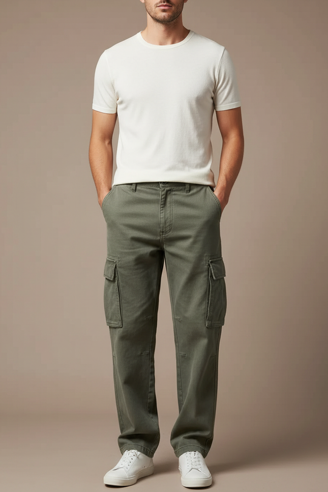 Pantalon Beige Cargo Ample Coton Homme - Kaki