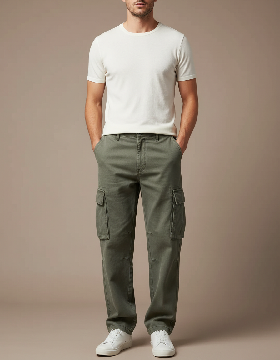 Pantalon Beige Cargo Ample Coton Homme - Kaki