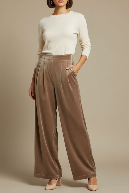 Pantalon Beige Velours Plissé Ample Élégant Fluide