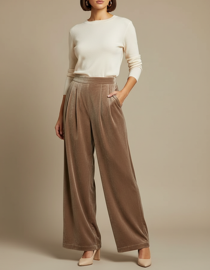 Pantalon Beige Velours Plissé Ample Élégant Fluide