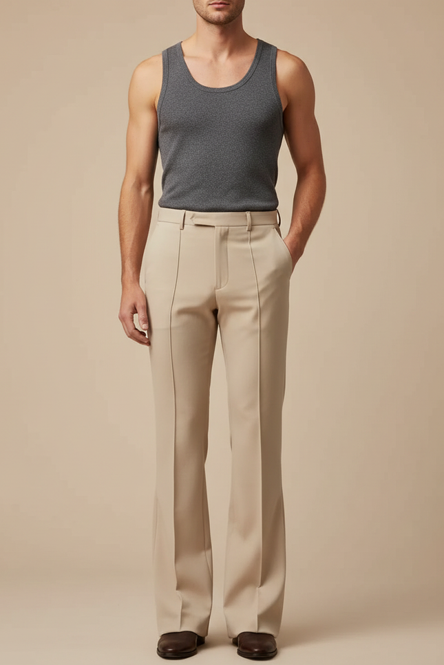 Pantalon Beige Évasé Plissé Élégant Homme - Gabardine