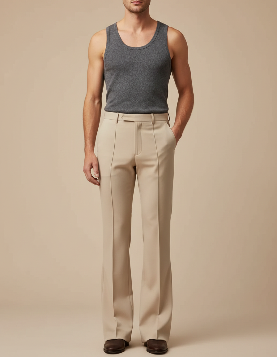 Pantalon Beige Évasé Plissé Élégant Homme - Gabardine