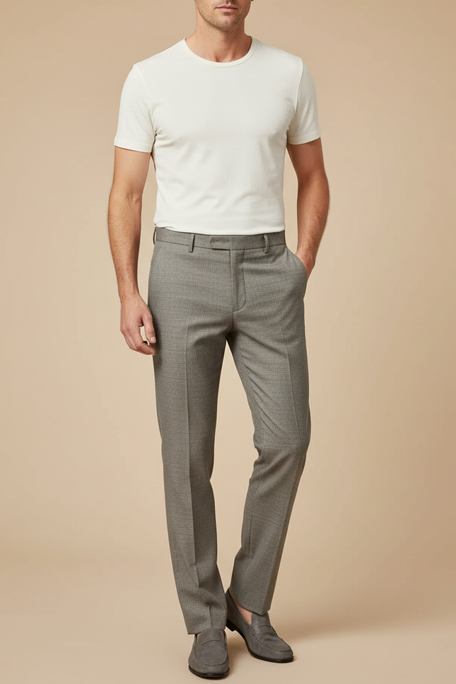 Pantalon Beige Homme Droit Élégant Tissé Fin - Gris Laine