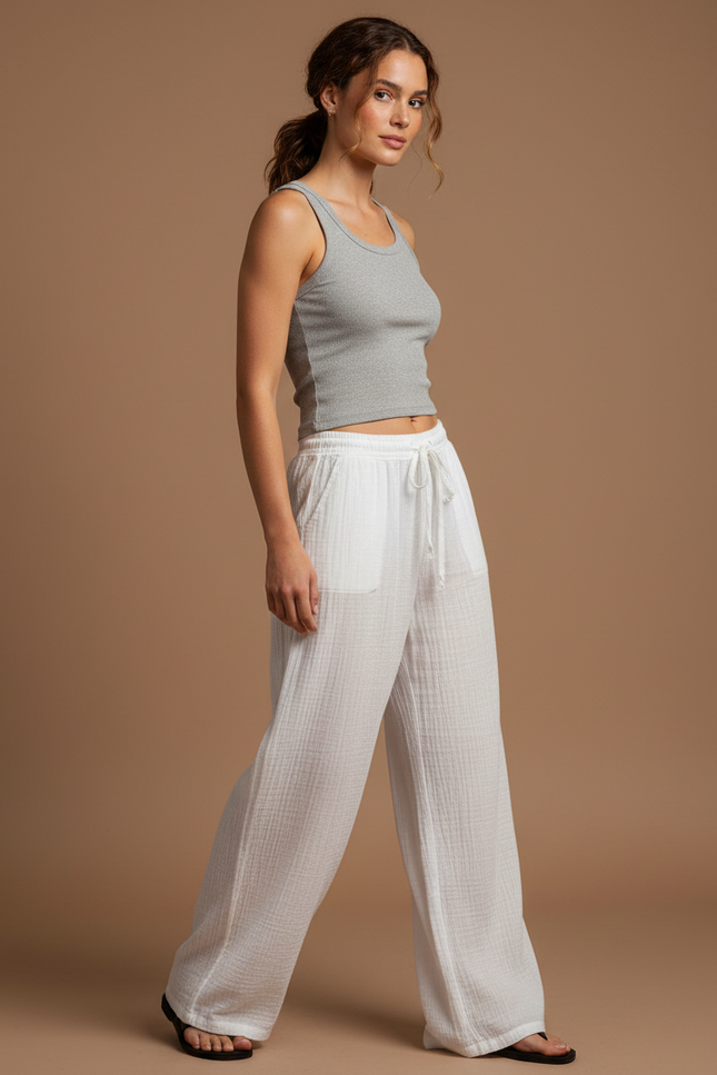 Pantalon Beige Fluide Ample Cordon Décontracté Femme - Blanc Coton