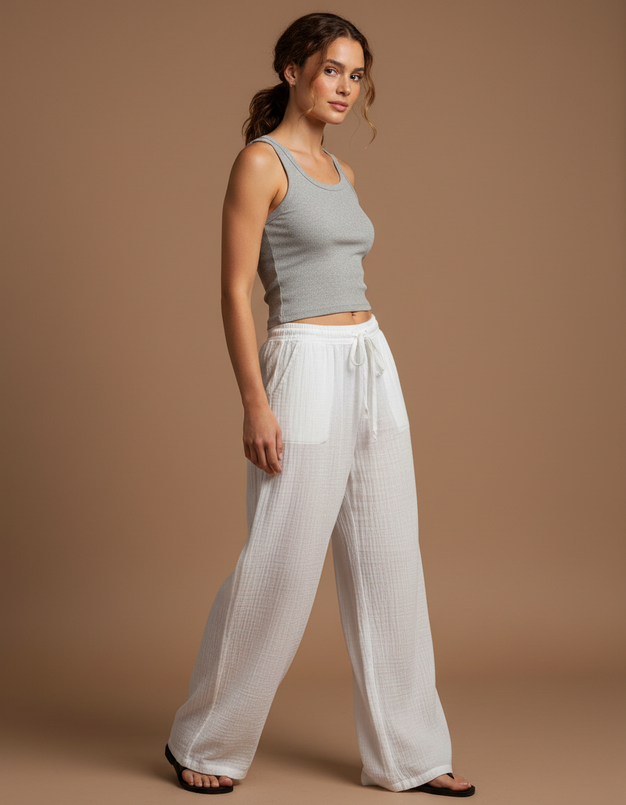 Pantalon Beige Fluide Ample Cordon Décontracté Femme - Blanc Coton