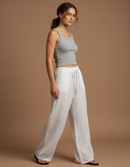 Pantalon Beige Fluide Ample Cordon Décontracté Femme - Blanc Coton