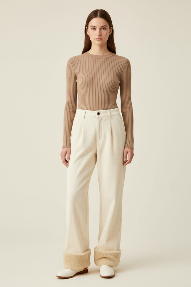 Pantalon Beige Côtelé Ample Plissé Doublé Femme - Cordé