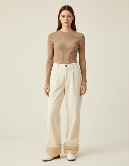 Pantalon Beige Côtelé Ample Plissé Doublé Femme - Cordé