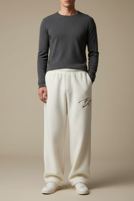 Pantalon Beige Ample Brodé Molleton Doux Sport Homme