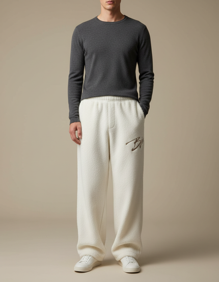 Pantalon Beige Ample Brodé Molleton Doux Sport Homme