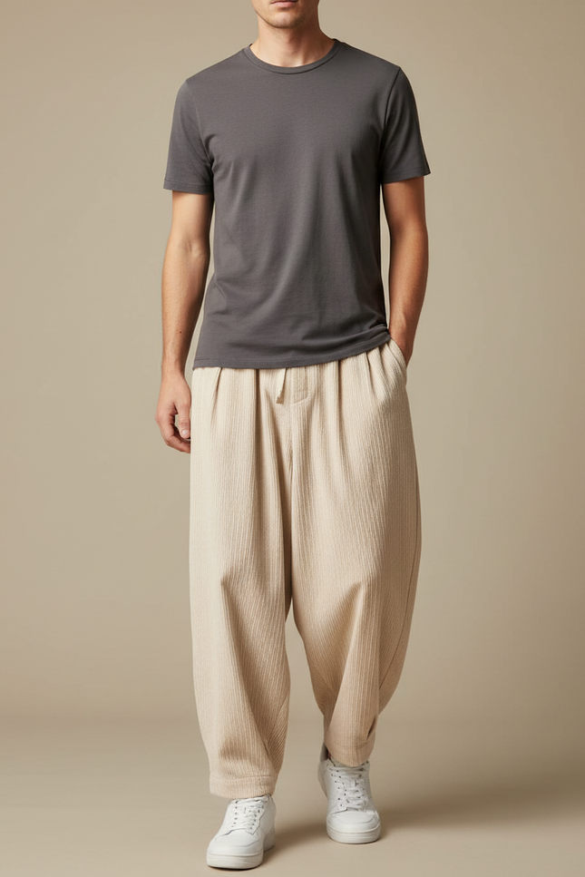 Pantalon Beige Ample Coton Plissé Décontracté Homme