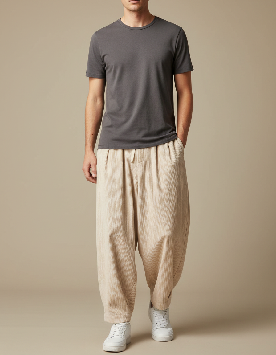 Pantalon Beige Ample Coton Plissé Décontracté Homme
