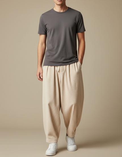 Pantalon Beige Ample Coton Plissé Décontracté Homme