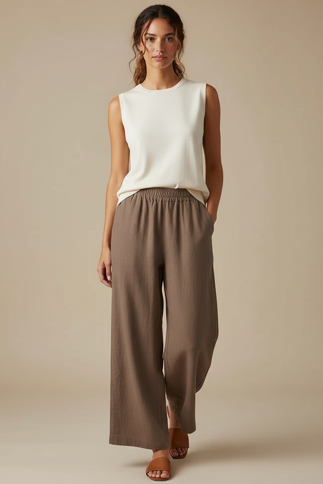 Pantalon Beige Fluide Ample Décontracté Lin Coton - Kaki