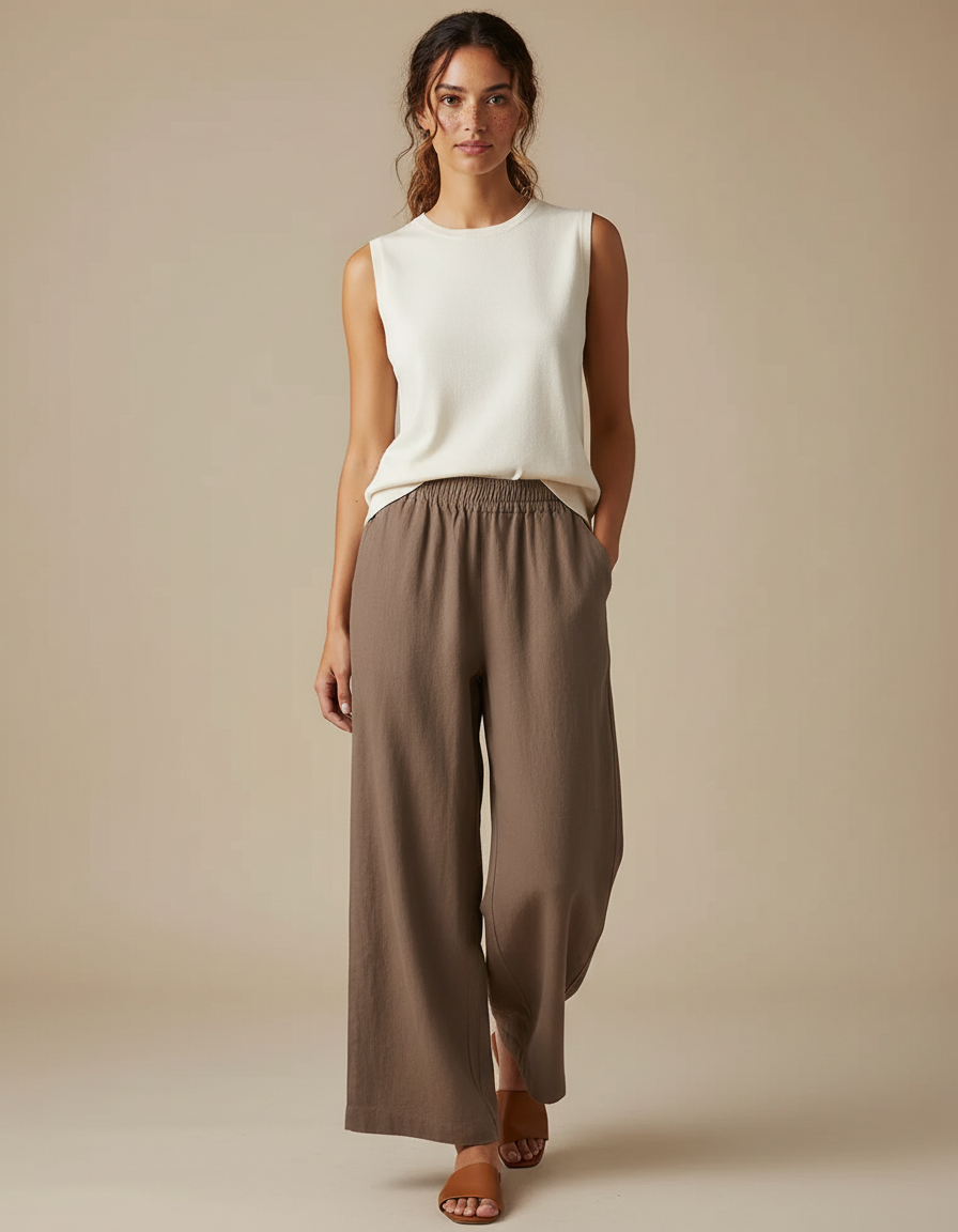 Pantalon Beige Fluide Ample Décontracté Lin Coton - Kaki