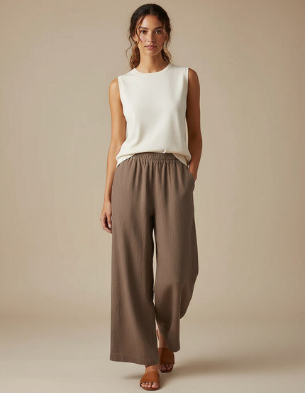 Pantalon Beige Fluide Ample Décontracté Lin Coton - Kaki