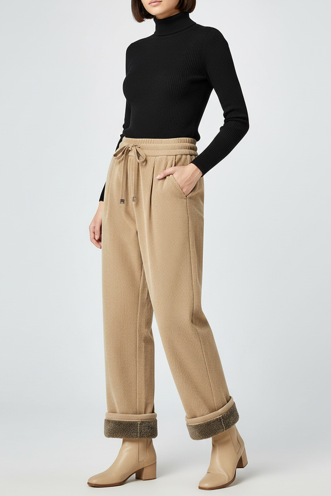 Pantalon Beige Velours Côtelé Doublé Chaud Décontracté - Cordé