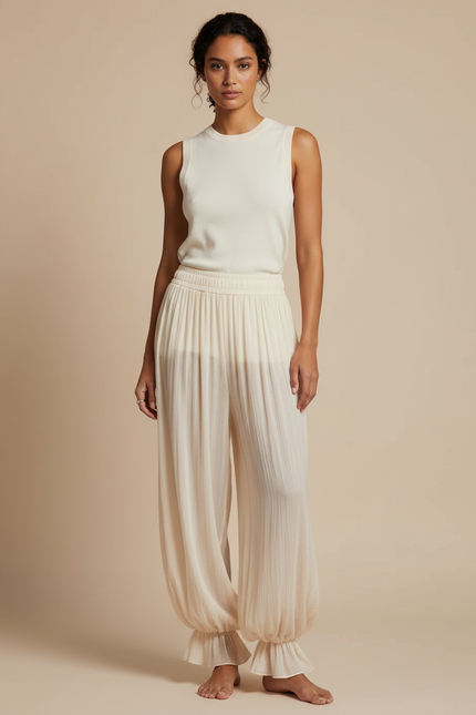 Pantalon Beige Plissé Ample Fluide Élastique Femme - Viscose