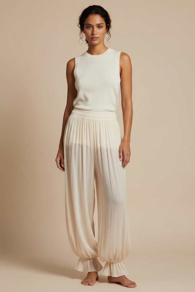 Pantalon Beige Plissé Ample Fluide Élastique Femme - Viscose