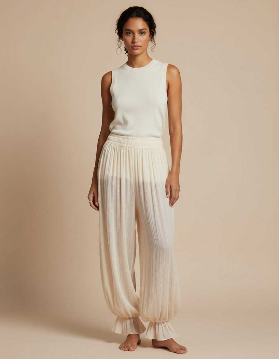 Pantalon Beige Plissé Ample Fluide Élastique Femme - Viscose