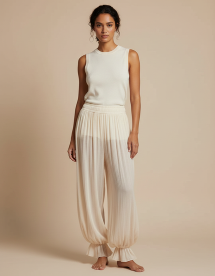 Pantalon Beige Plissé Ample Fluide Élastique Femme - Viscose